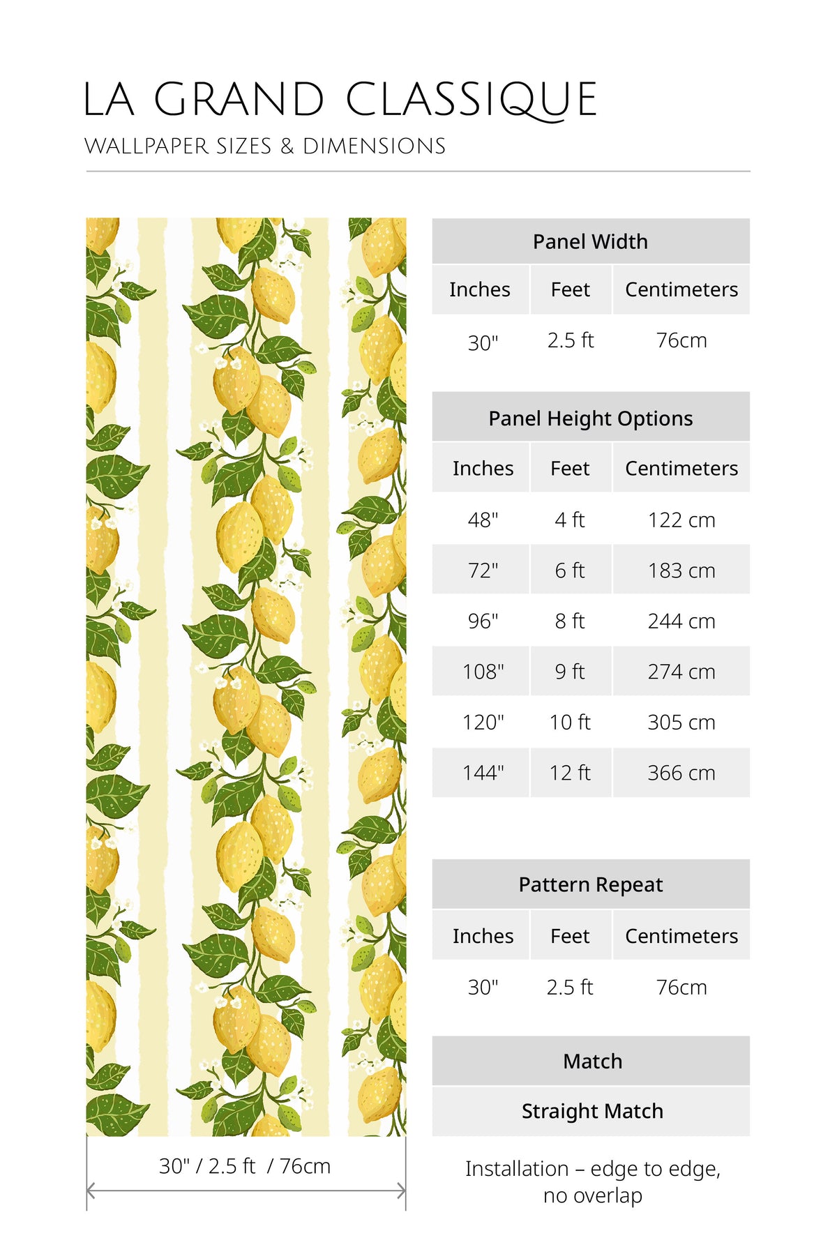 Zesty Lemon Vines non-pasted wallpaper dimensions chart with 30 in panel width, height options, repeat, straight match.