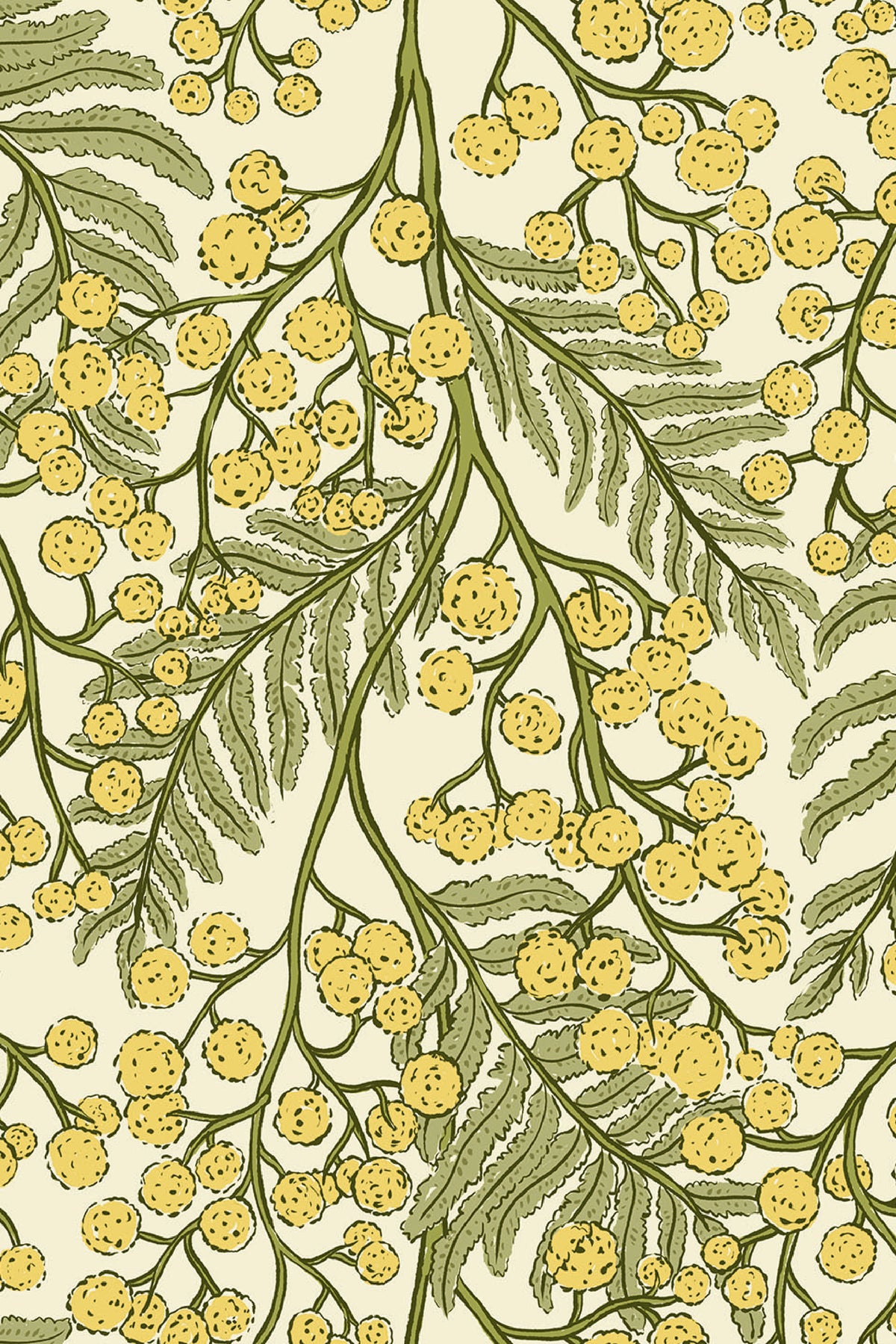 Airy Mimosa Sprigs removable wallpaper with airy yellow pom-pom blooms and green leaves on a pale cream ground.