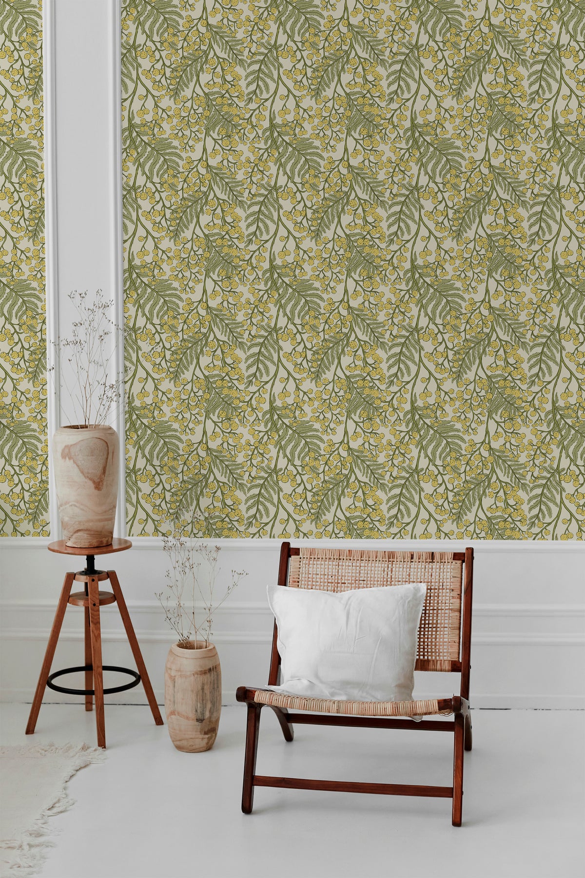 Airy Mimosa Sprigs pre-pasted wallpaper on a bedroom wall, green sprigs with yellow blooms over a light gray ground.