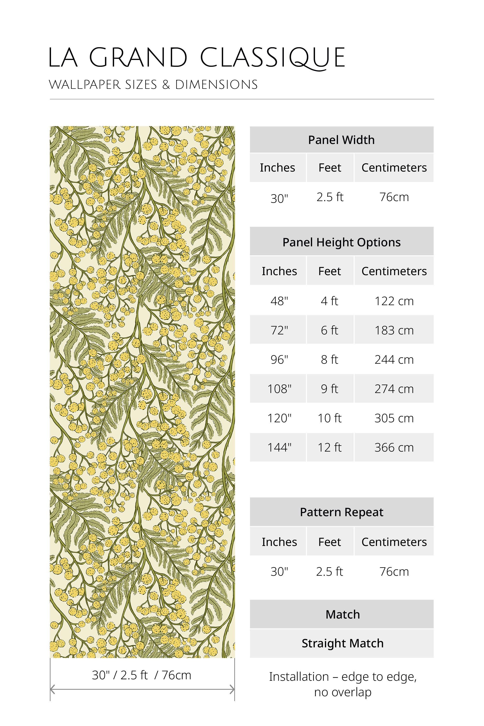 Airy Mimosa Sprigs non-pasted wallpaper size chart with 30 in panel width, height options, 30 in repeat, straight match.