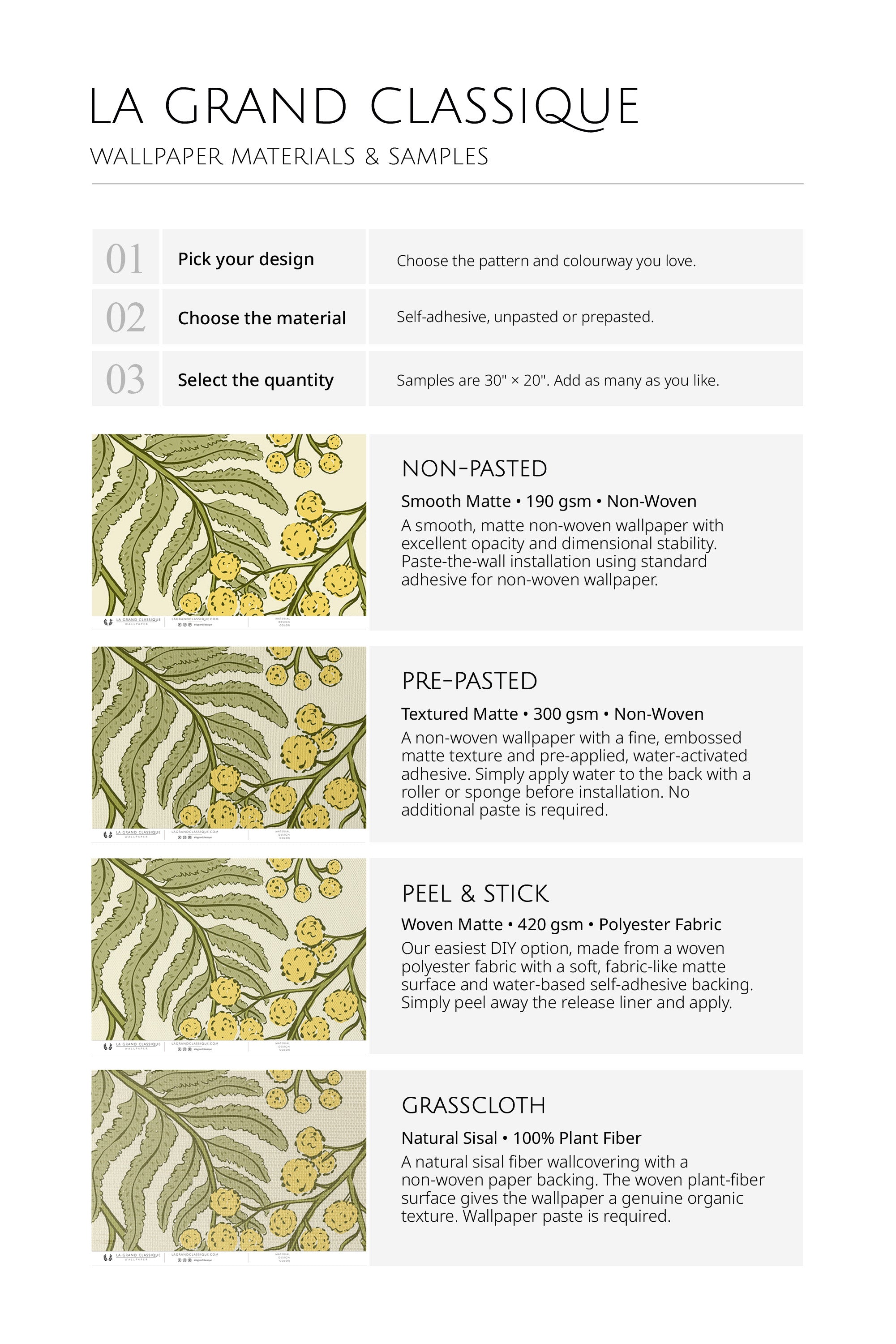 Airy Mimosa Sprigs wallpaper material guide showing sample options and sizes.