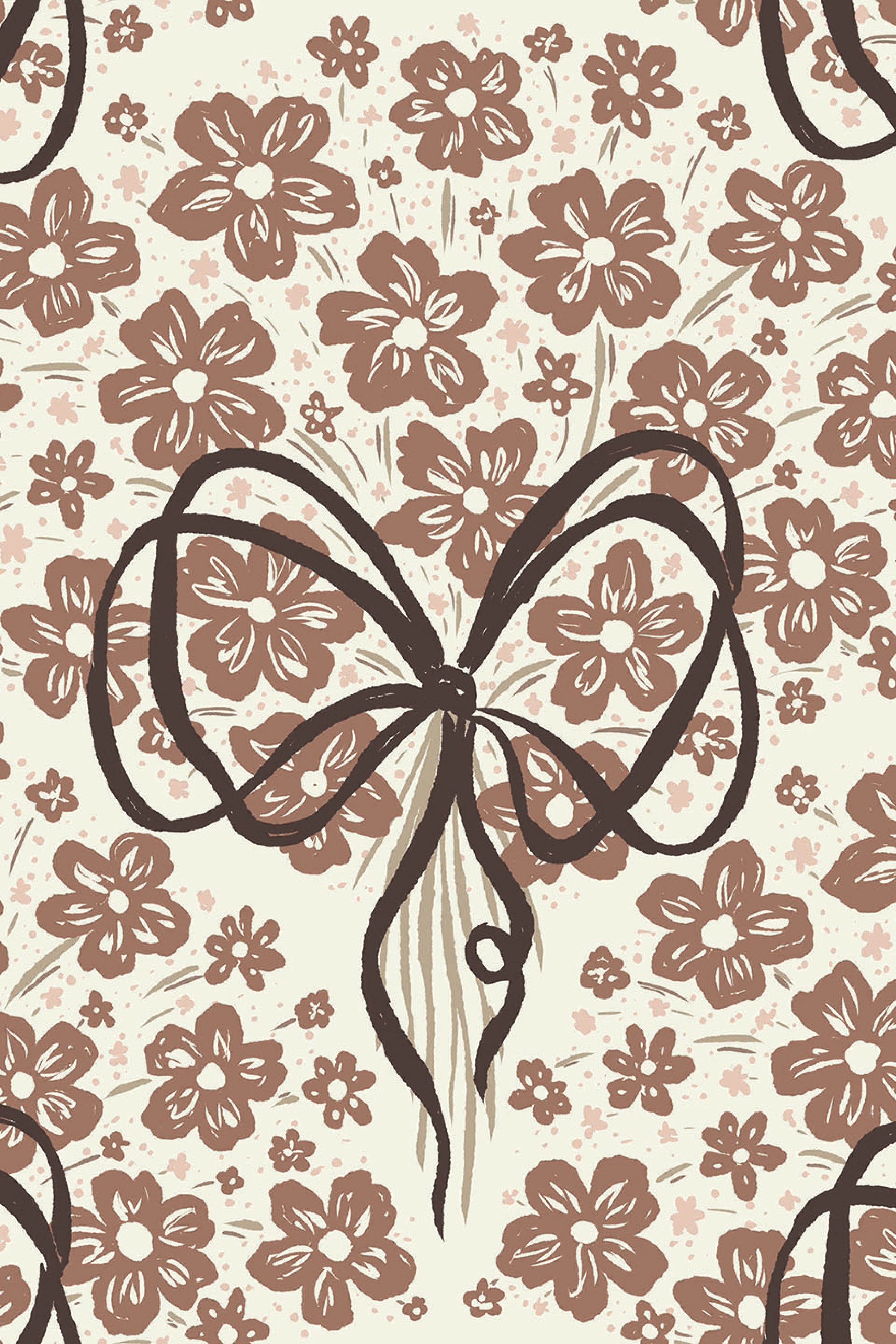 Playful Floral Bows pre-pasted wallpaper pattern with sketchy black bows over brown flowers and pale pink dots on cream.