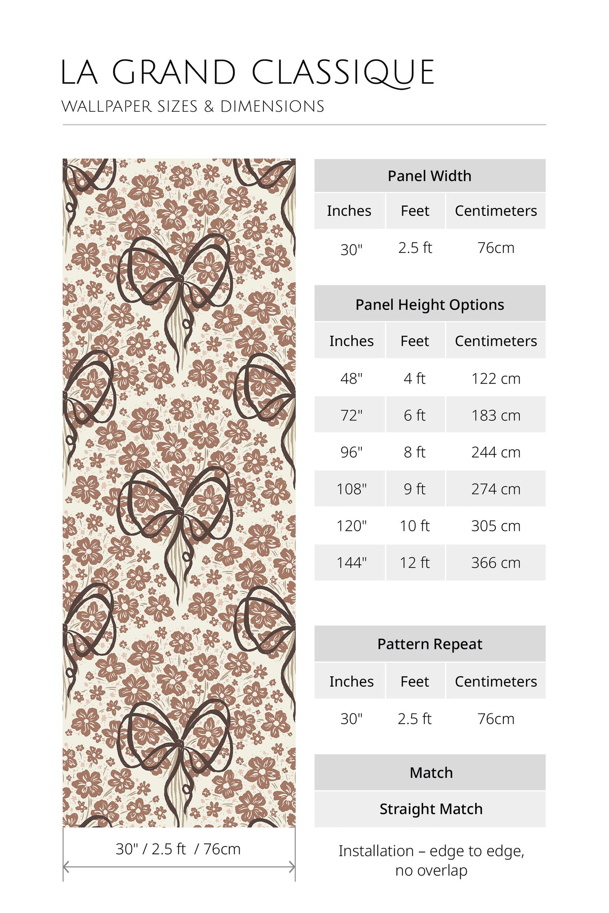 Playful Floral Bows non-pasted wallpaper size chart with 30-inch panel width, height options, 30-inch repeat, straight match.