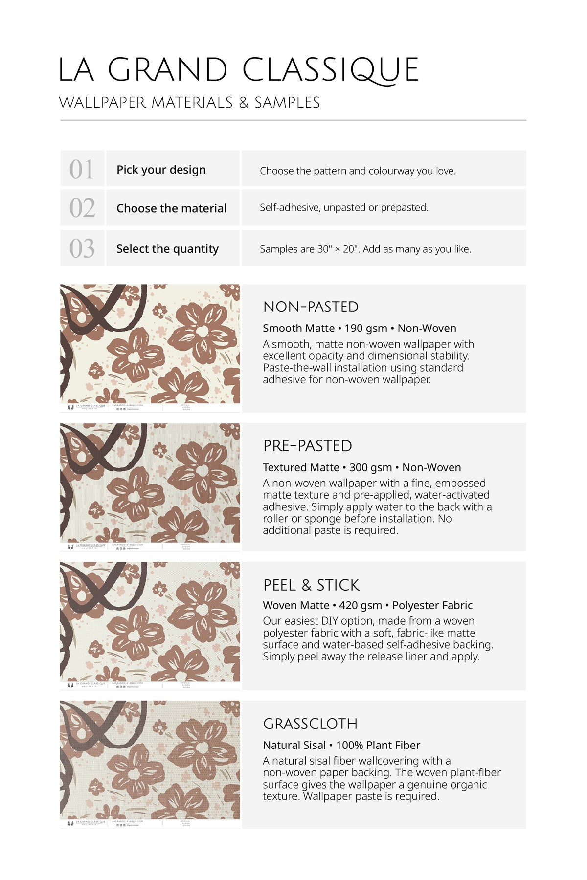 Playful Floral Bows pre-pasted wallpaper material samples chart comparing non-pasted, pre-pasted, peel-and-stick, and grasscloth.