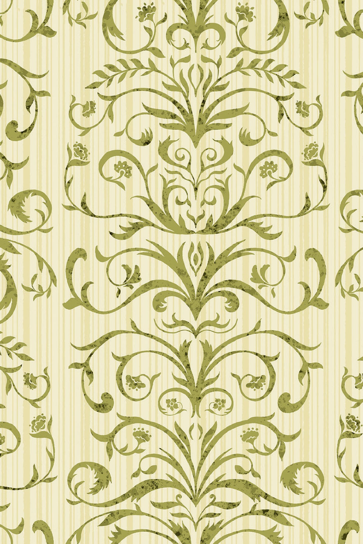 Ornate Vine Damask self-adhesive wallpaper with green scrolling vine damask repeat over pale green striped ground.