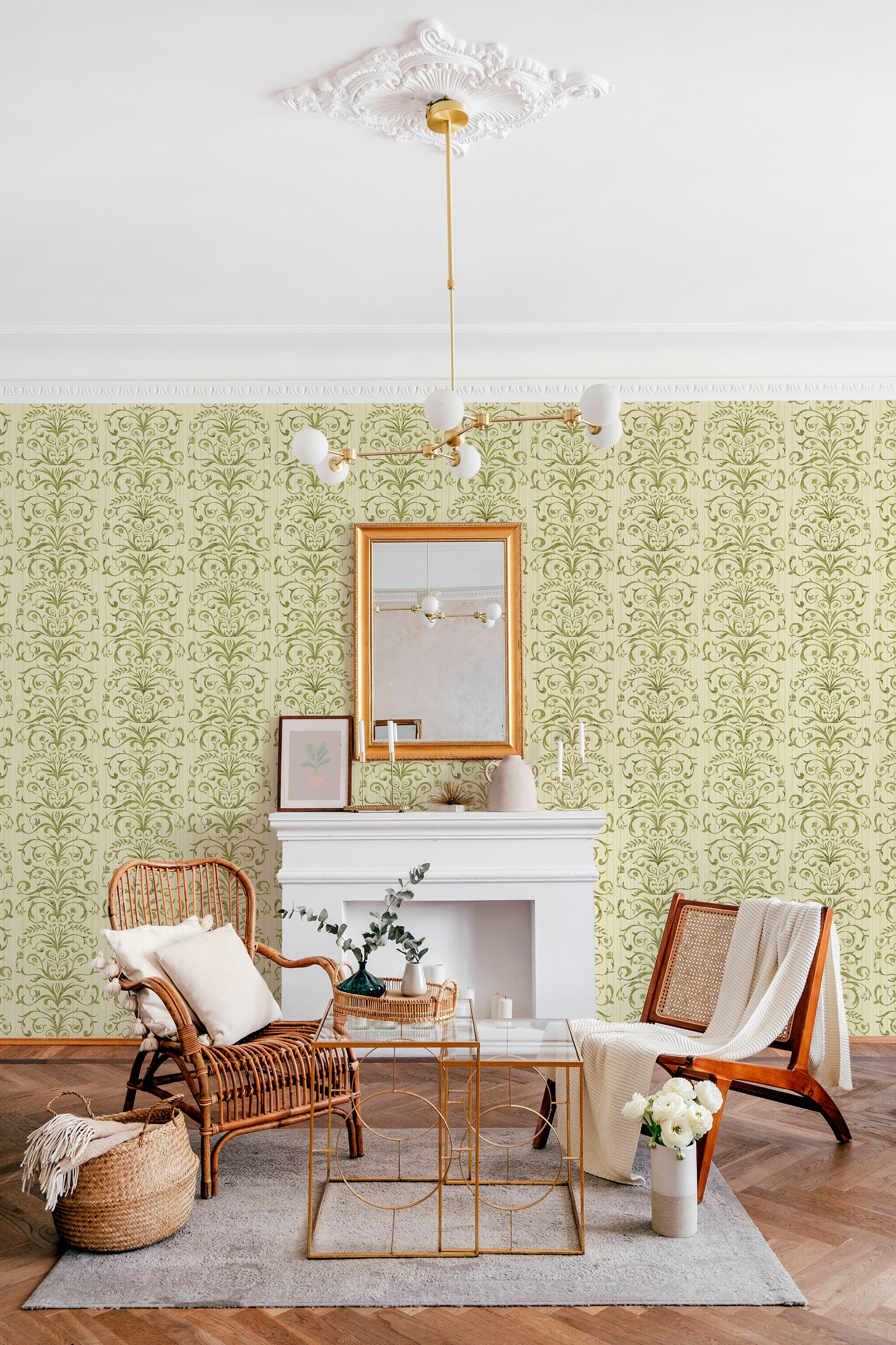 Ornate Vine Damask peel and stick wallpaper in a living room, green vine damask repeat across the full wall above molding.