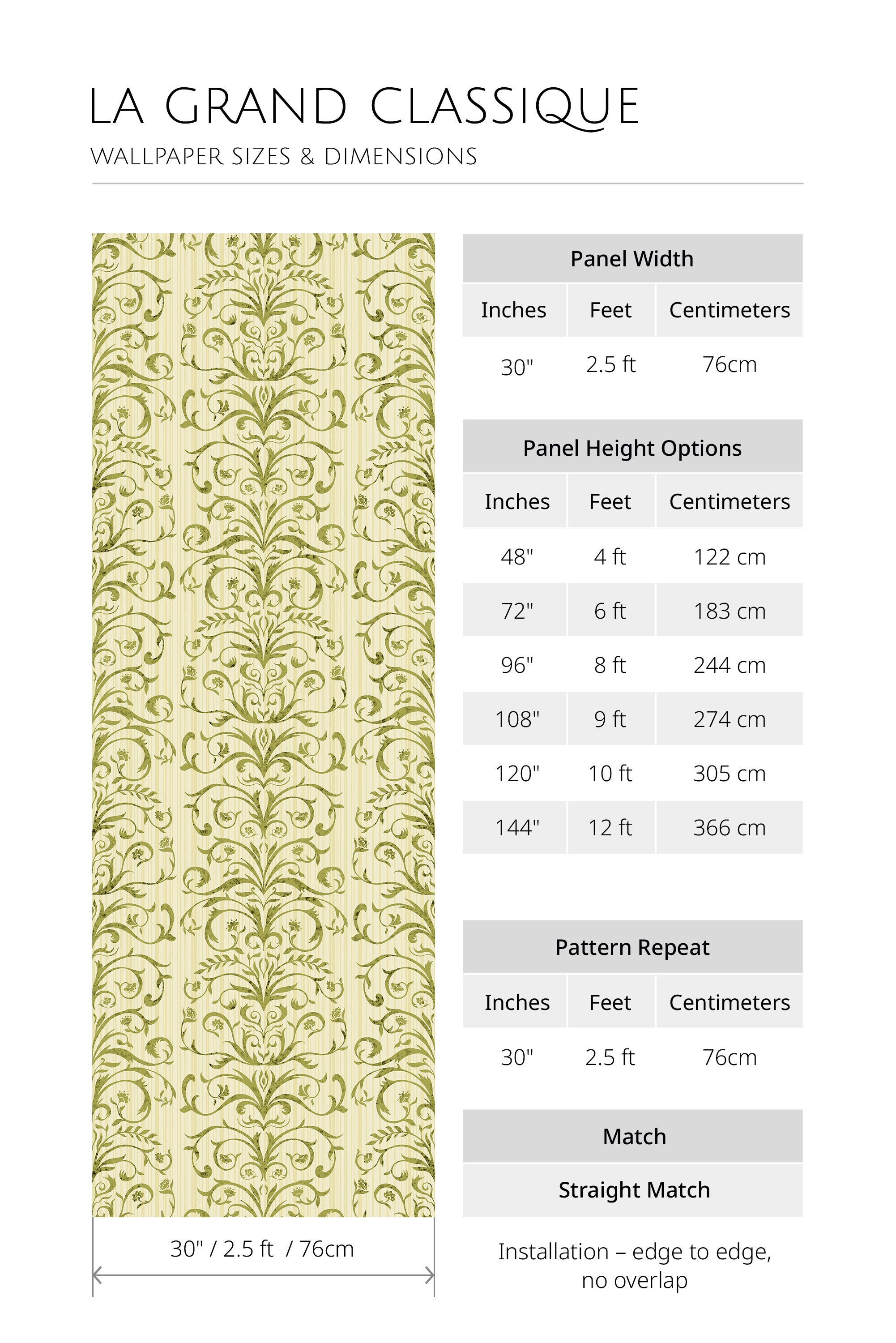 Ornate Vine Damask non-pasted wallpaper size chart showing 30 in panel width and height options, straight match.