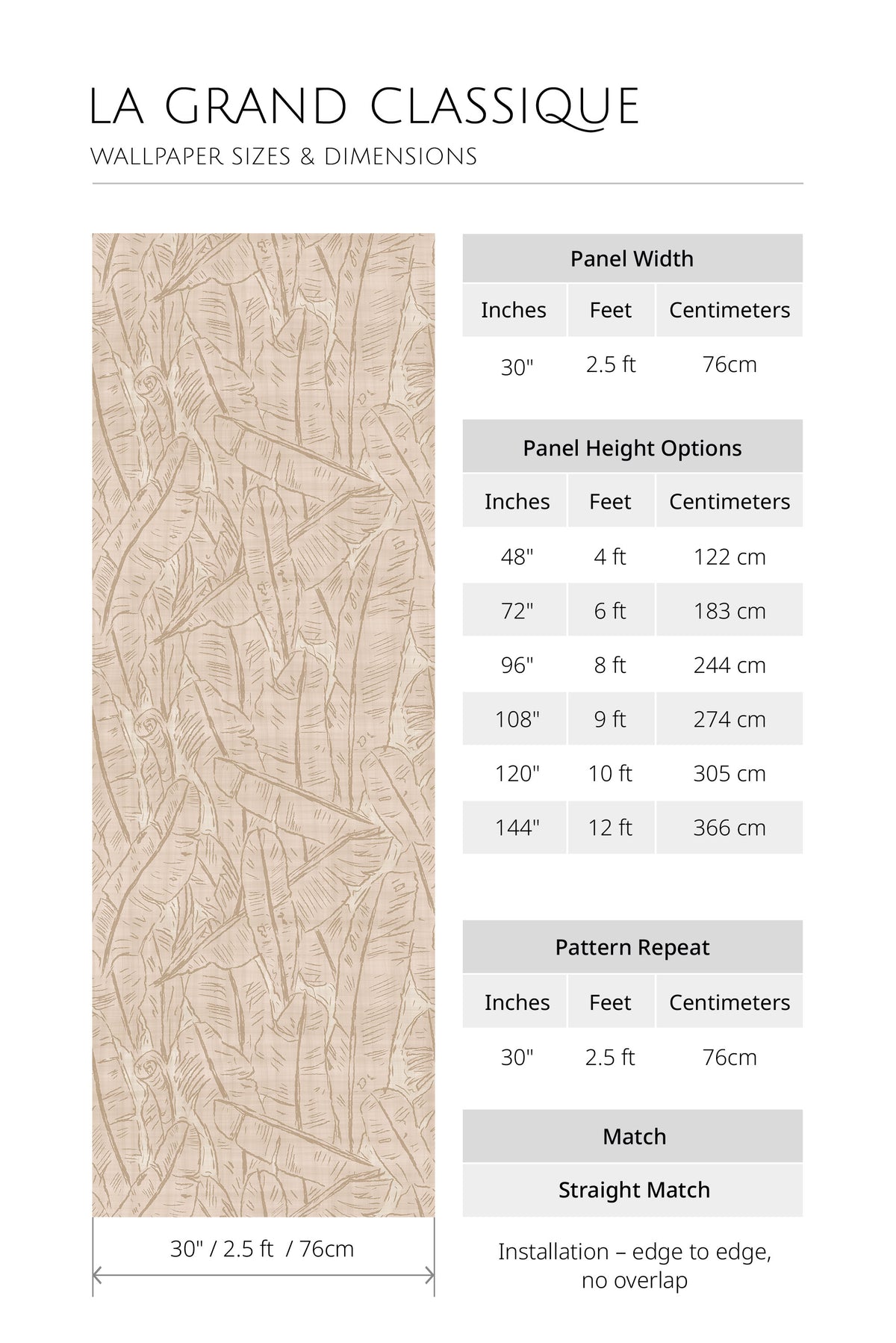Tropical Sketch self-adhesive wallpaper size chart with 30-inch panel width and height options from 48 to 144 inches.