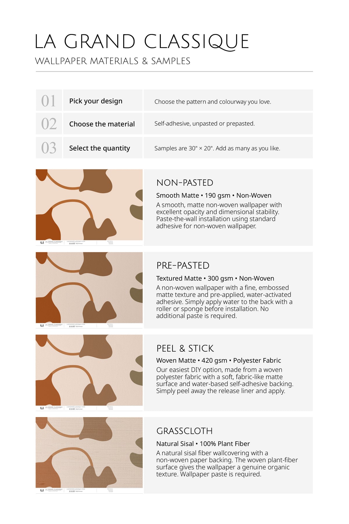 Organic Ivy Leaves wallpaper materials and samples chart comparing non-pasted, pre-pasted, peel-and-stick, and grasscloth.