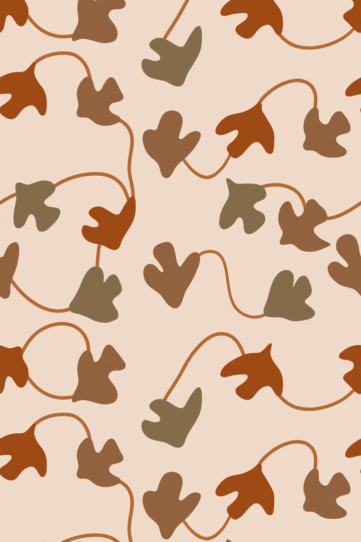 Organic Ivy Leaves removable wallpaper with winding vines and ivy shapes in rust, olive, and taupe on blush.