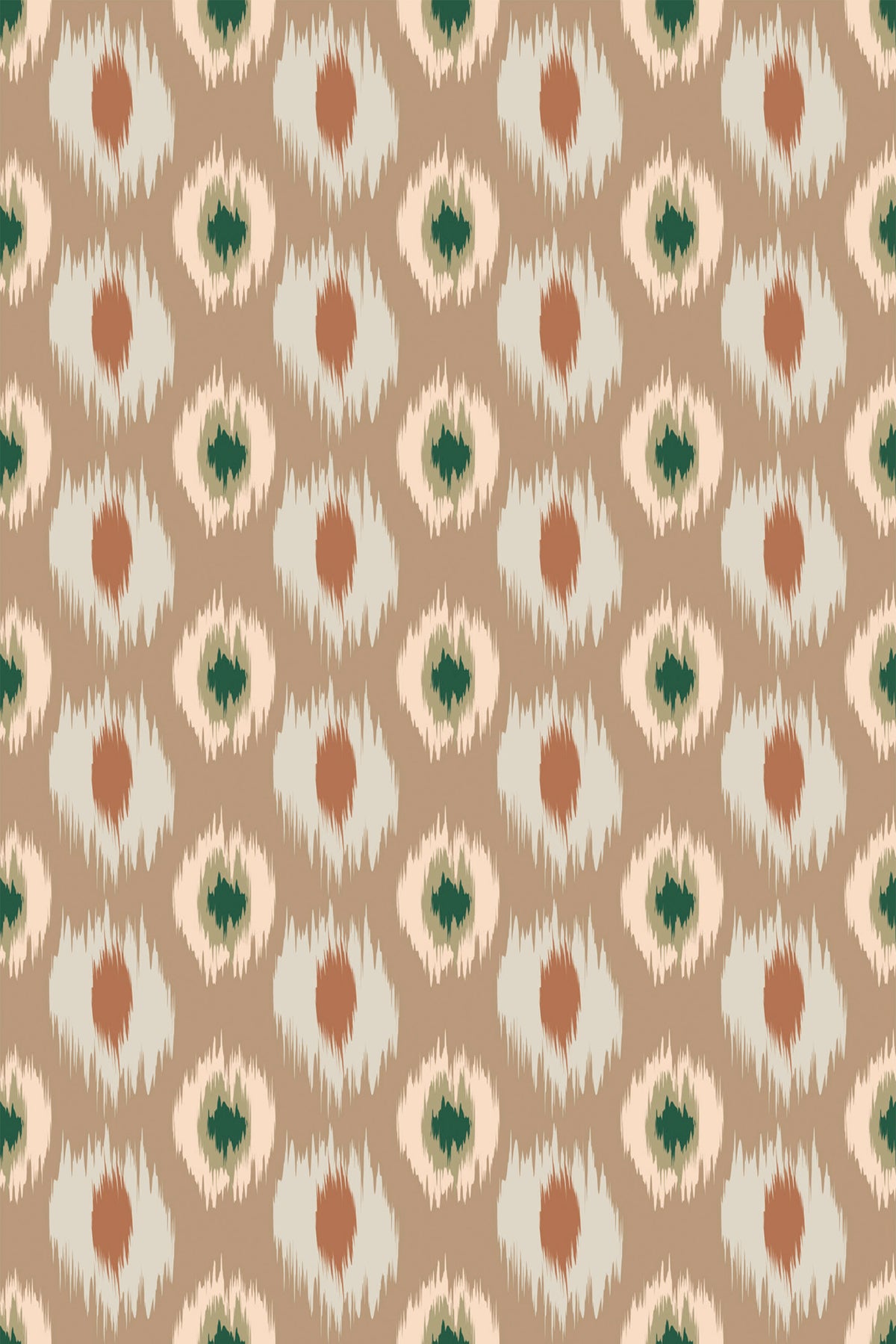 Jagged Ikat Ovals removable wallpaper with jagged oval ikat repeats in cream and rust on a tan ground.