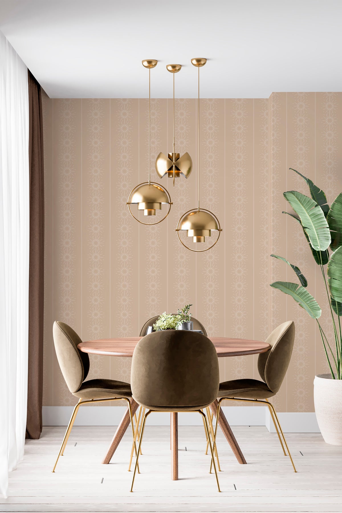 Dotted Starbursts grasscloth wallpaper on a dining room accent wall with dotted bursts on warm taupe.
