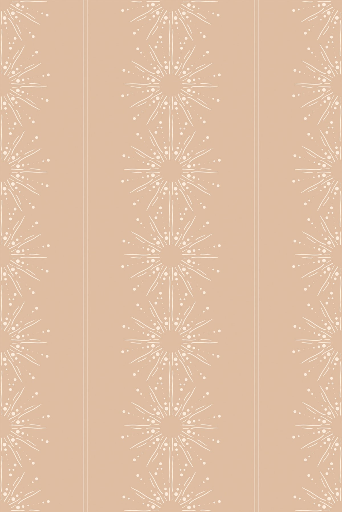 Dotted Starbursts removable wallpaper with white dotted starburst motifs in vertical stripes on a warm beige ground.