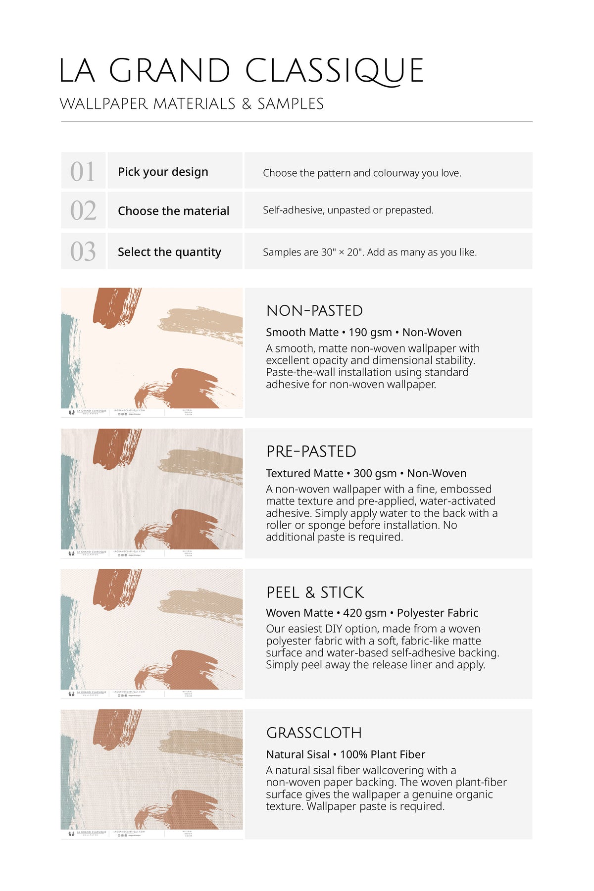 Playful Brush Strokes wallpaper material samples chart showing non-pasted, pre-pasted, and peel-and-stick options