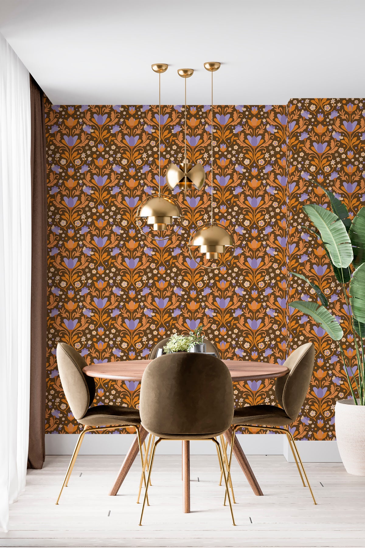 Bold Folk Floral pre-pasted wallpaper in a dining room, full-wall display with purple florals on brown.