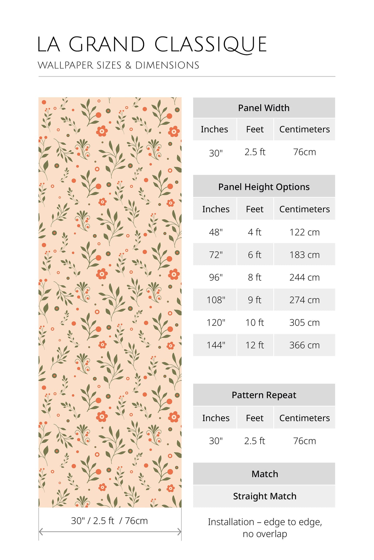 Playful Floral Sprigs pre-pasted wallpaper sizing chart with 30in/2.5ft/76cm panel width and height options.