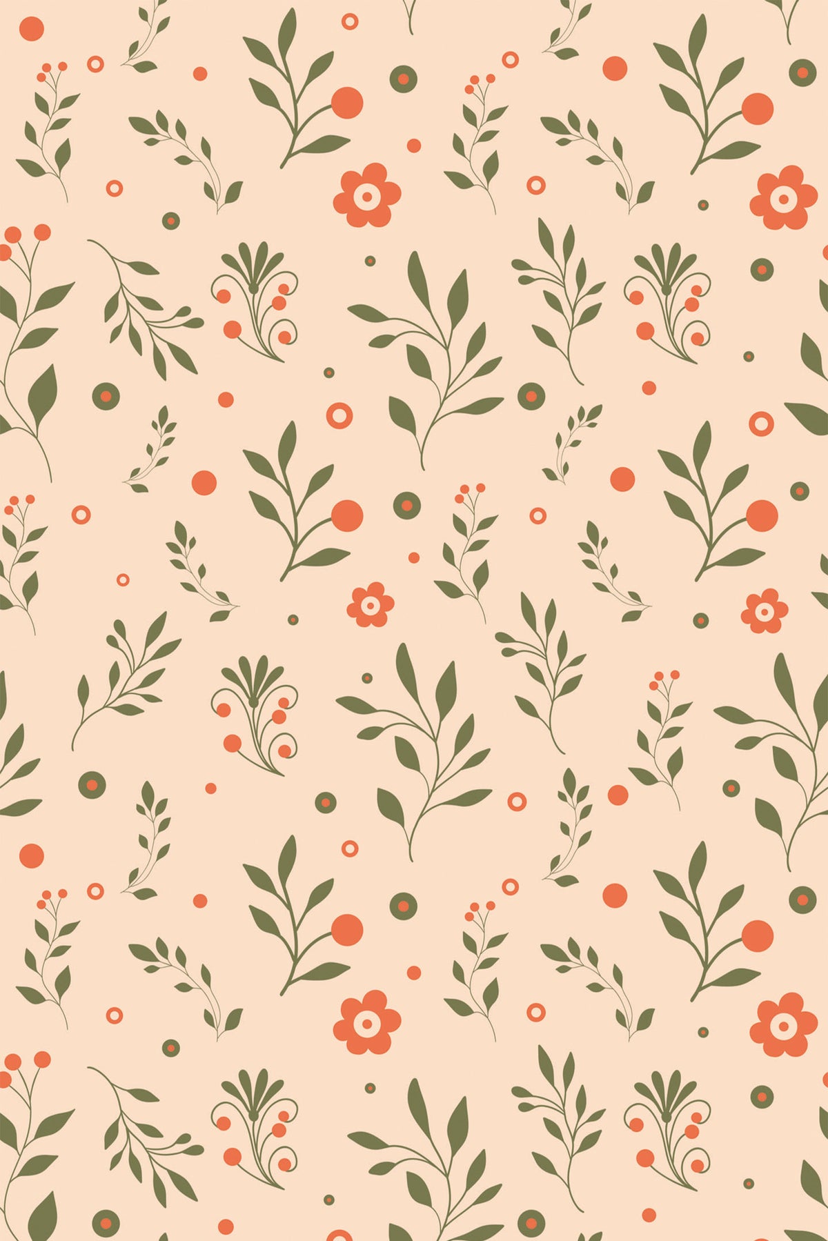 Playful Floral Sprigs removable wallpaper pattern with scattered green leafy sprigs and coral flowers on a peach background.
