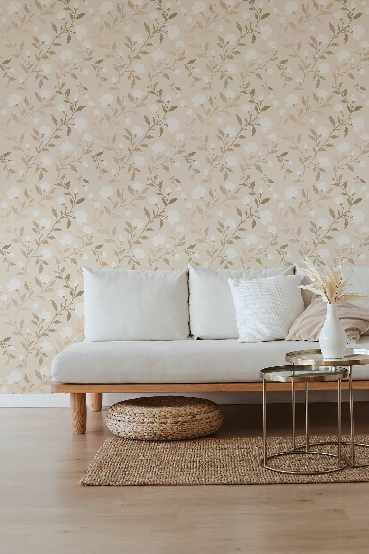 Soft Floral Vines self-adhesive wallpaper in a living room, with a beige background and white florals and vine sprigs.