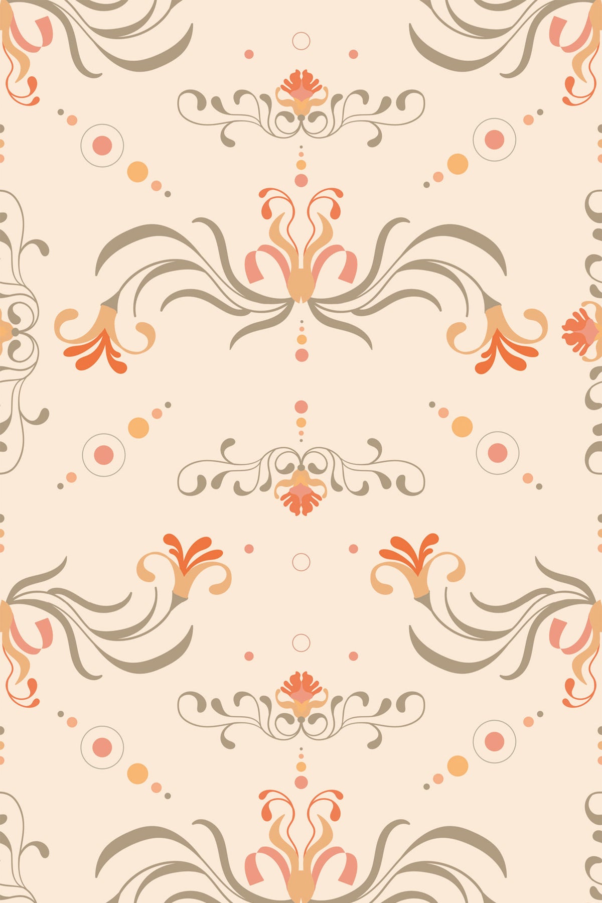 Atelier Damask removable wallpaper with scrolling damask flourishes and dotted accents in coral and taupe on a cream background.