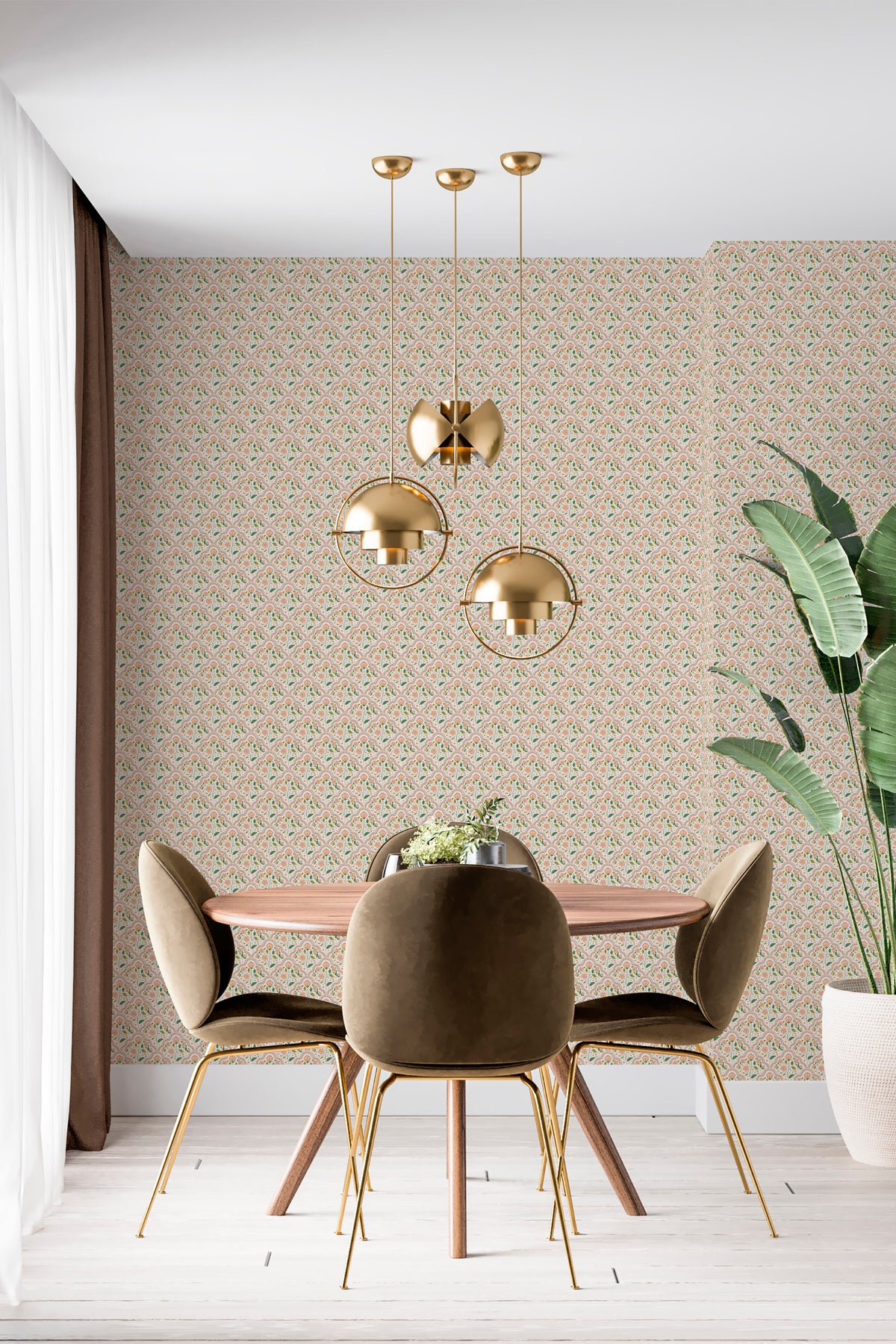 Ornate Trellis self-adhesive wallpaper in a dining room, shown across full walls with a small-scale repeating trellis.