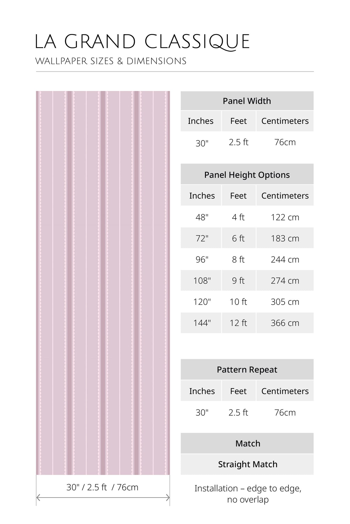 Delicate Scalloped Stripes non-pasted wallpaper size chart with 30 in panel width, height options, repeat, and match.