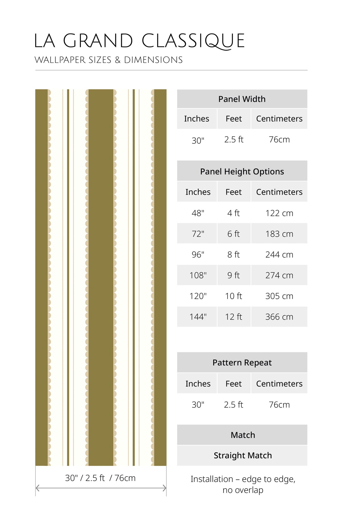 Scalloped Stripe Columns non-pasted wallpaper sizes and dimensions chart with 30in panel width and height options.