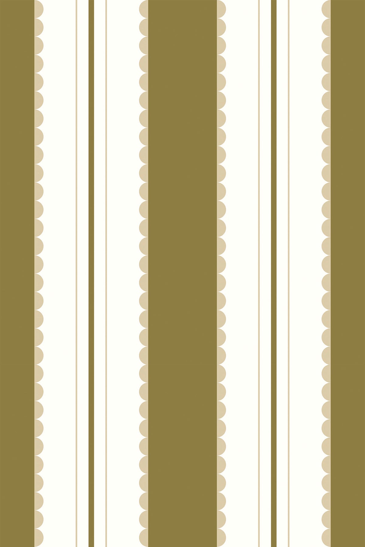 Scalloped Stripe Columns removable wallpaper with vertical forest green stripes, scalloped edges, and thin honey lines on white.