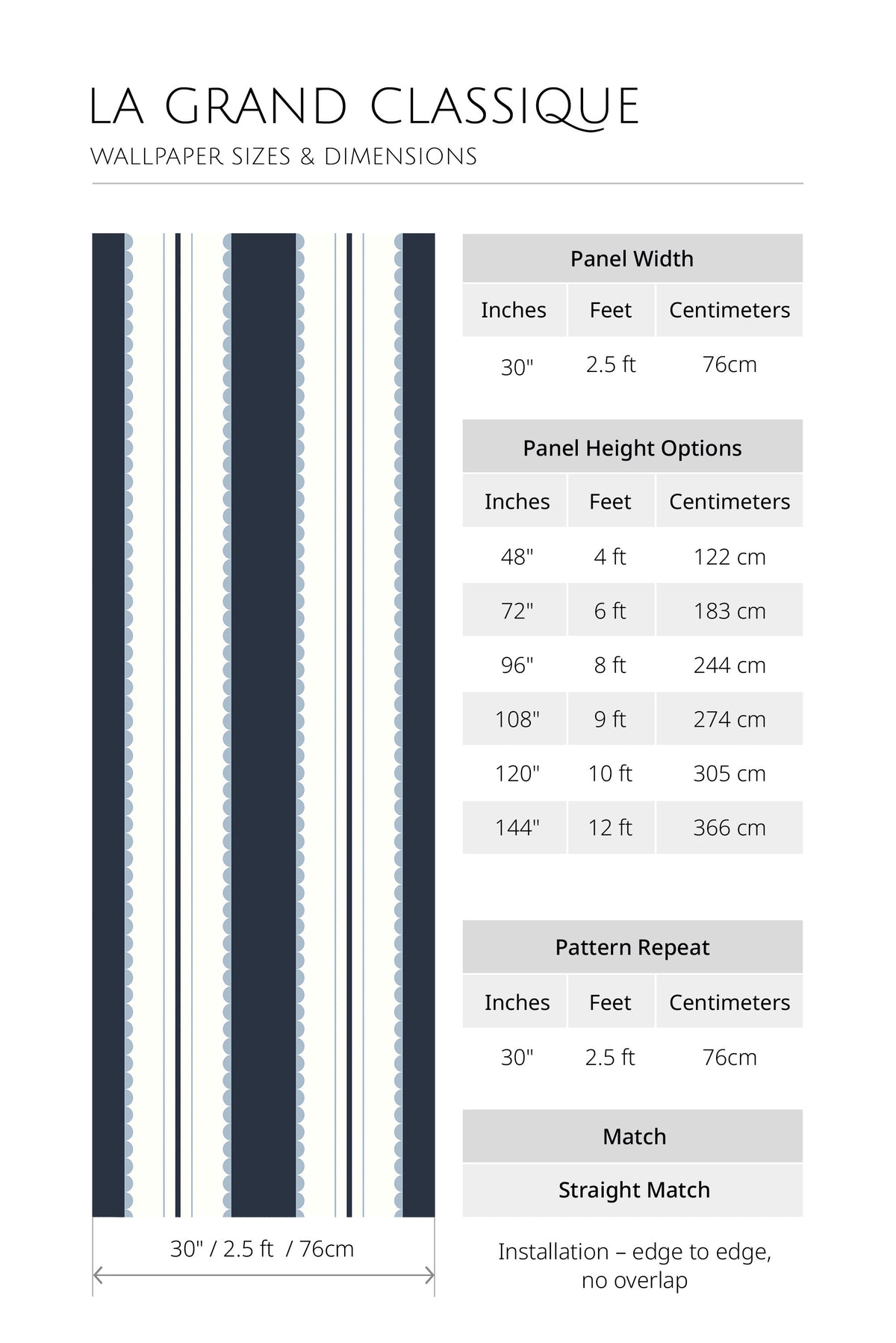 Scalloped Stripe Columns removable wallpaper sizing chart: 30 in. panel width, height options, repeat, and match.