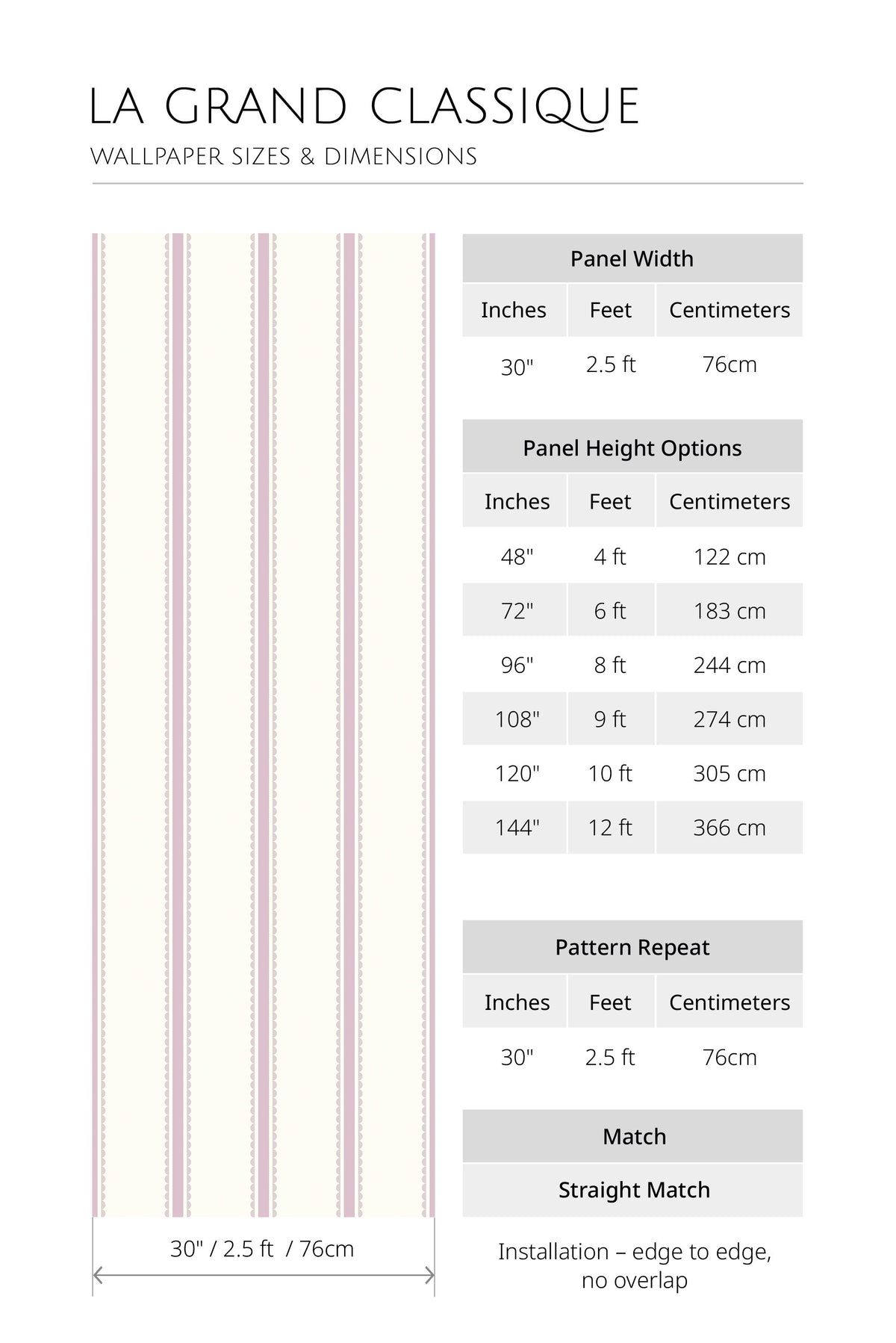 Pastel Scallop Stripes non-pasted wallpaper dimensions chart with 30 in panel width and height options listed.