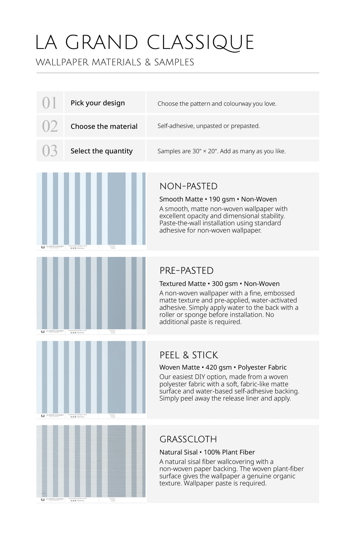 Classic Vertical Stripes wallpaper material samples showing non-pasted, pre-pasted, peel & stick, and grasscloth.