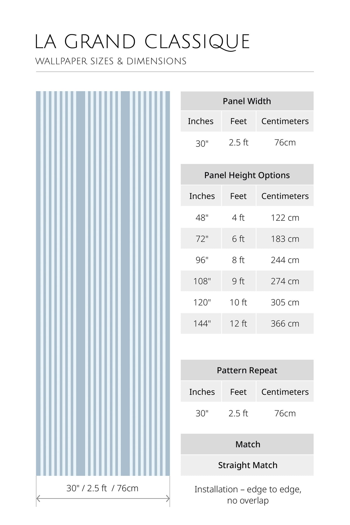 Classic Vertical Stripes non-pasted wallpaper size chart with 30 in panel width, height options, and repeat.