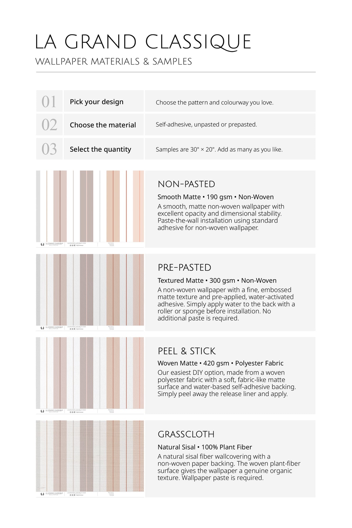 Soft Vertical Stripes wallpaper material guide showing non-pasted, pre-pasted, peel-and-stick, and grasscloth.