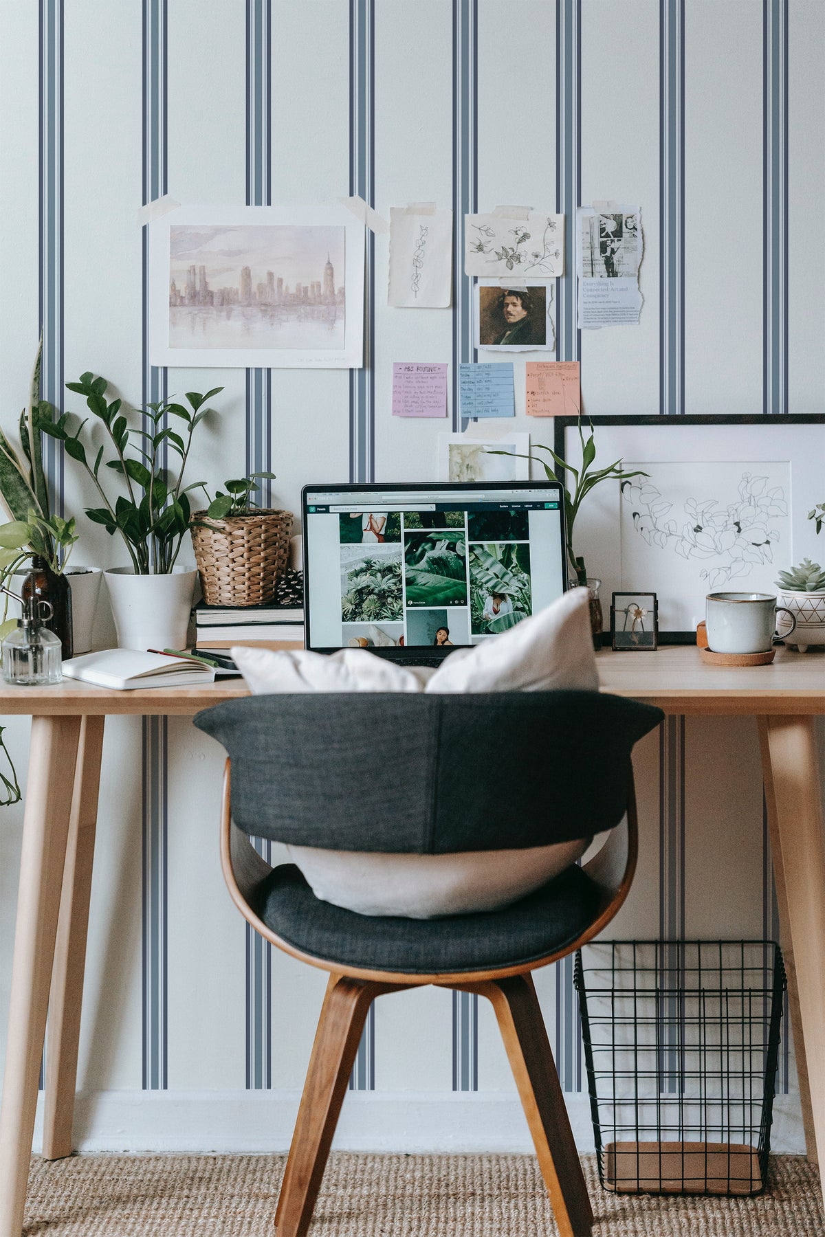 Classic Striped Columns grasscloth wallpaper on a home office wall with navy and white vertical stripe columns.