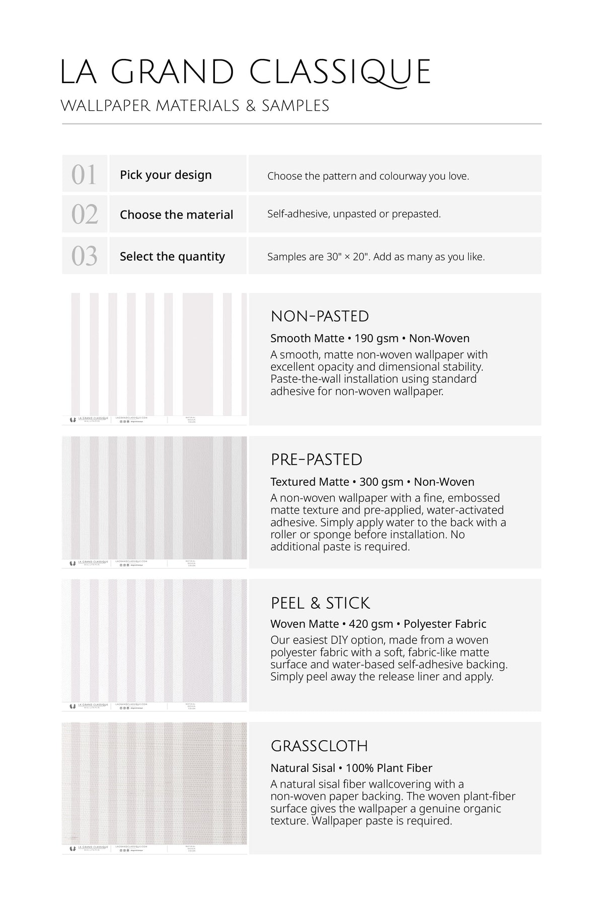 Classic Blush Stripes wallpaper material samples showing non-pasted, pre-pasted, peel and stick options.