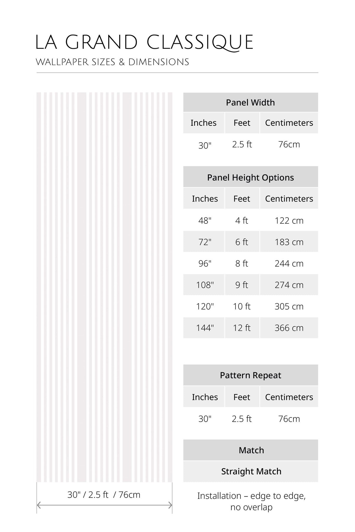 Classic Blush Stripes traditional wallpaper sizing chart with 30-inch panel width and height options, straight match.