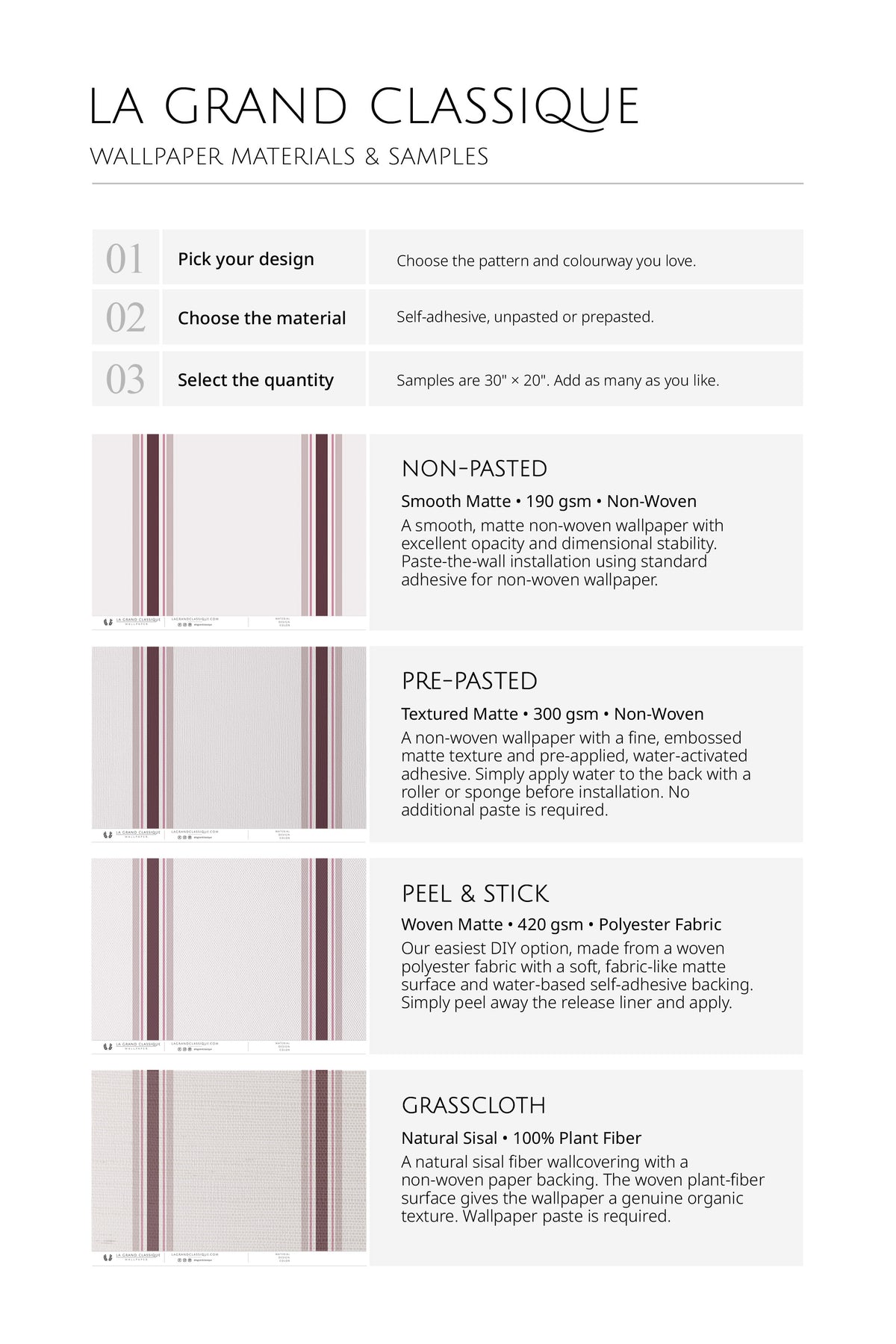 Crisp Stripe Columns wallpaper materials and samples comparison chart with non-pasted, pre-pasted, and peel-and-stick.