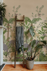 Self-adhesive jungle animals wallpaper with elephants, monkeys, and lush greenery on a beige background.