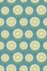 A repeating pattern of stylized, sun-like floral designs with cream and yellow petals, green stems and leaves, set against a teal blue background. Peel and stick removable wallpaper.