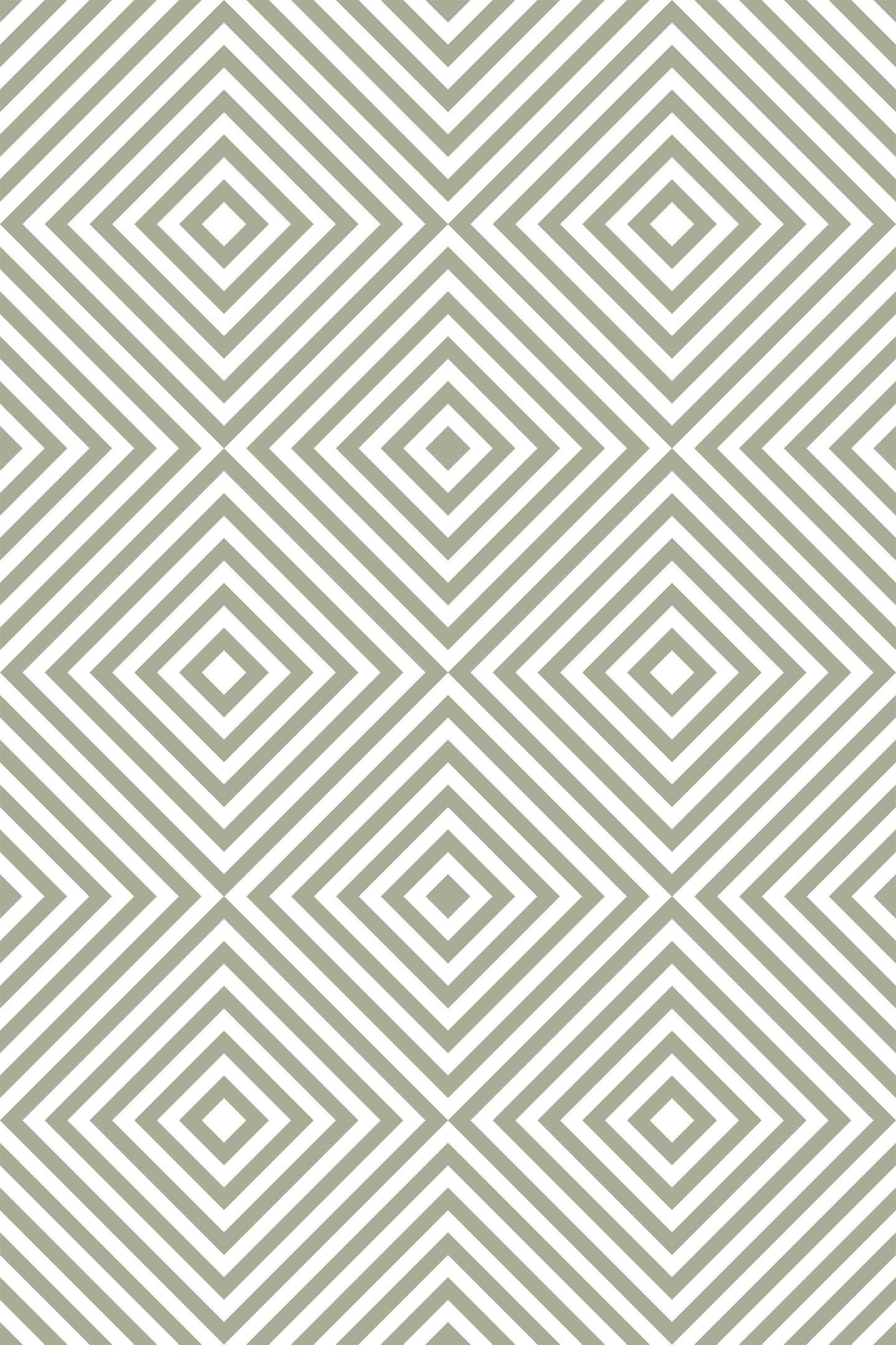 A repeating pattern of concentric diamond shapes in olive green and white, creating an optical illusion effect. The design gives a sense of depth and movement. Peel and stick removable wallpaper.