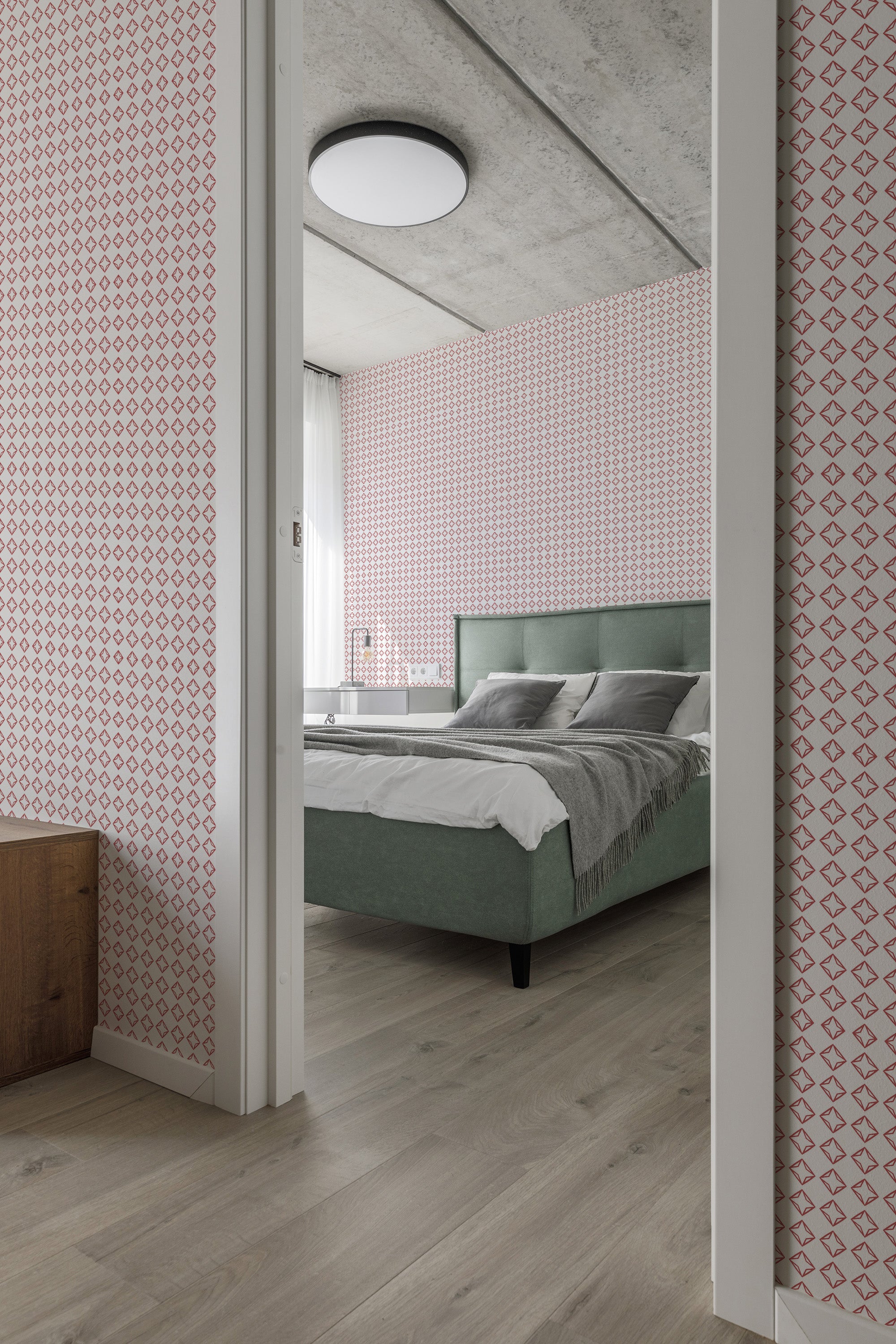 Wallpaper with a diamond pattern in soft red and white hues, creating a balanced, intricate grid that adds texture and depth to the room. Traditional wallpaper.
