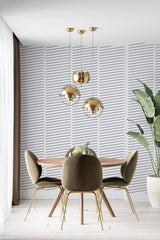 A room with wallpaper featuring sleek, horizontal and diagonal lines in a minimalist monochrome palette, creating a sleek geometric pattern. Traditional wallpaper.