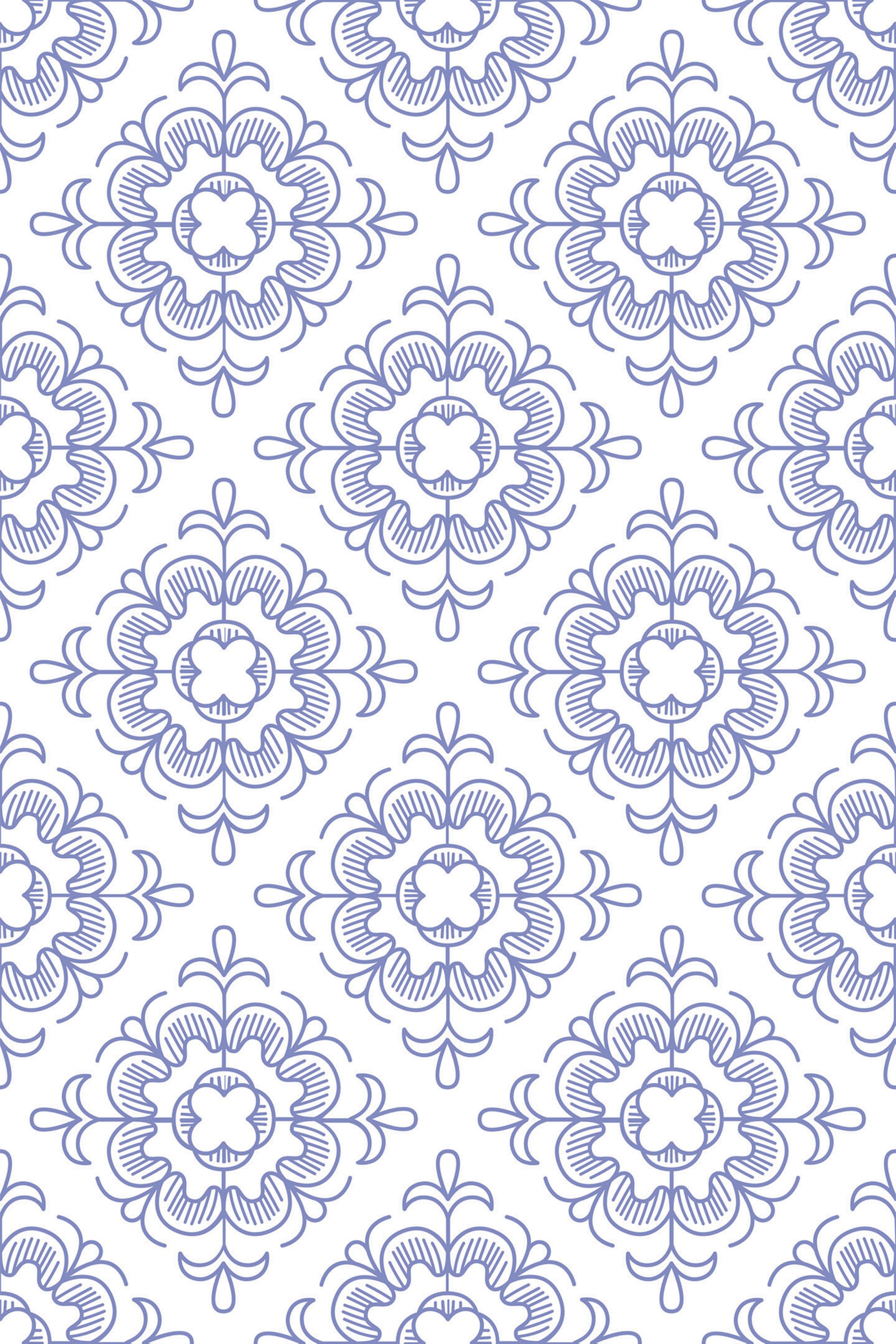 Blue intricate floral tile pattern on white background with symmetrical, mandala-like designs. Peel and stick removable wallpaper.
