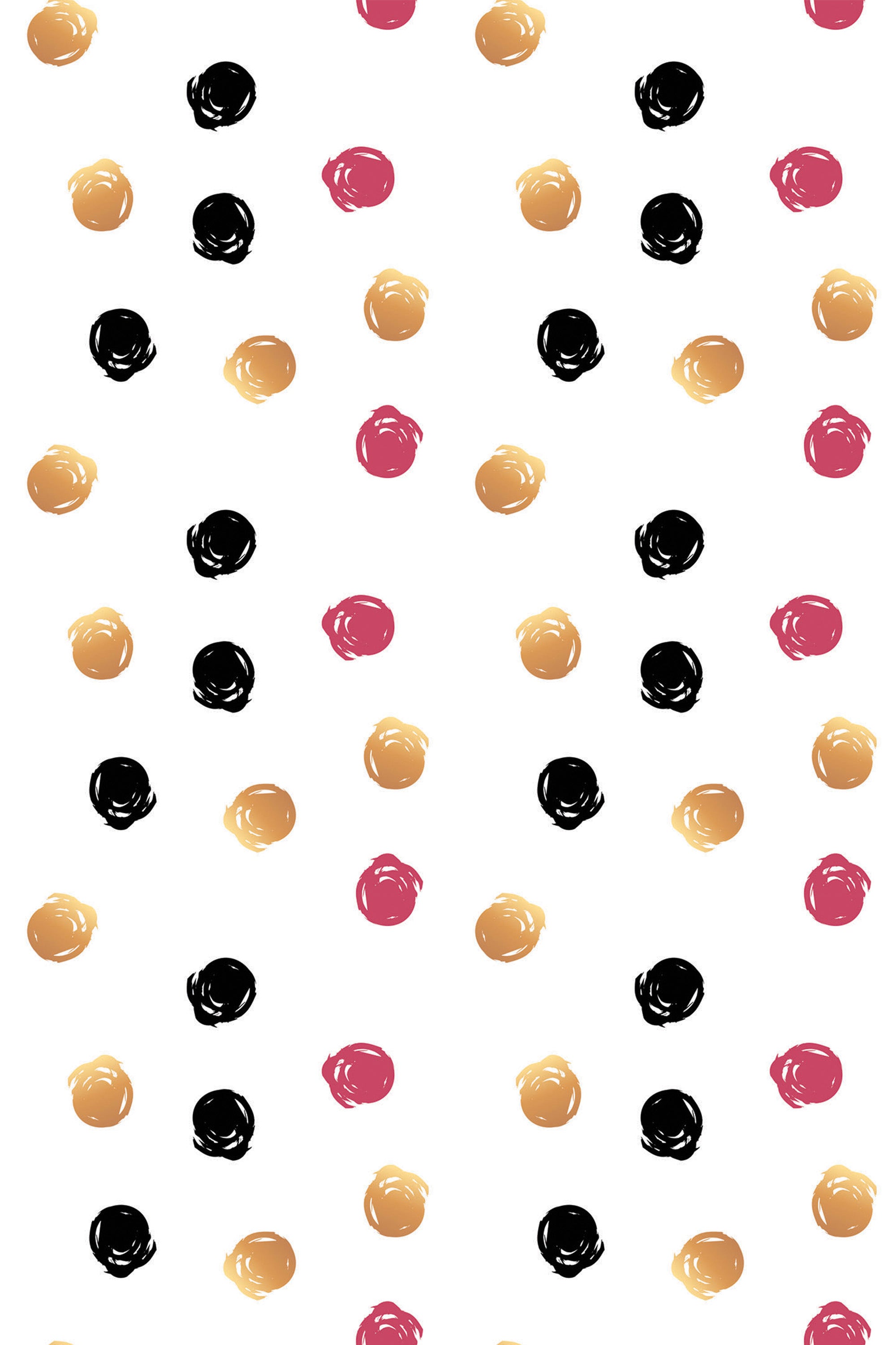 A pattern of scattered, hand-painted dots in black, gold, and pink on a white background, peel and stick removable wallpaper.