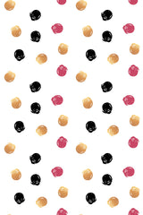 A pattern of scattered, hand-painted dots in black, gold, and pink on a white background, peel and stick removable wallpaper.