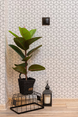 Self-adhesive wallpaper with a geometric hexagonal tile design, creating a modern and minimalistic pattern. The monochromatic black lines form interconnected hexagons, adding depth and texture to the wall.