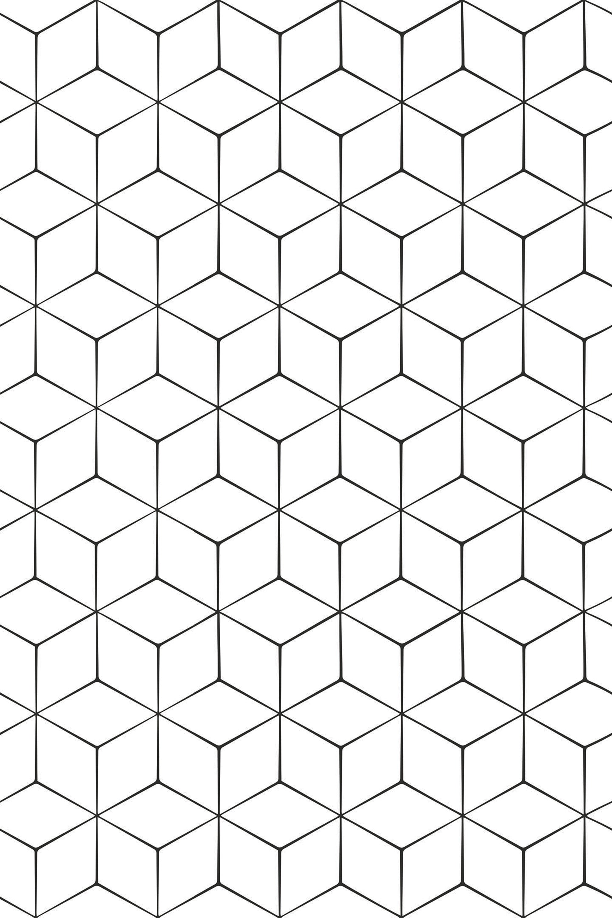 Hexagonal tile pattern with a 3D cube effect in black lines on a white background, peel and stick removable wallpaper.