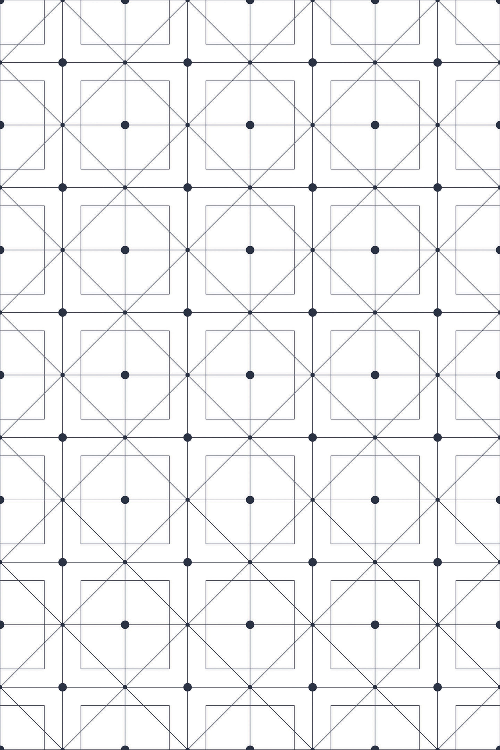 A delicate geometric design with a symmetrical pattern of overlapping squares and triangles, intersected by fine lines. Each intersection and corner of the shapes features a small dark dot, creating an orderly, modern look. The repeating pattern is in light tones on a neutral background, offering a crisp and minimalist aesthetic. Peel and stick removable wallpaper.
