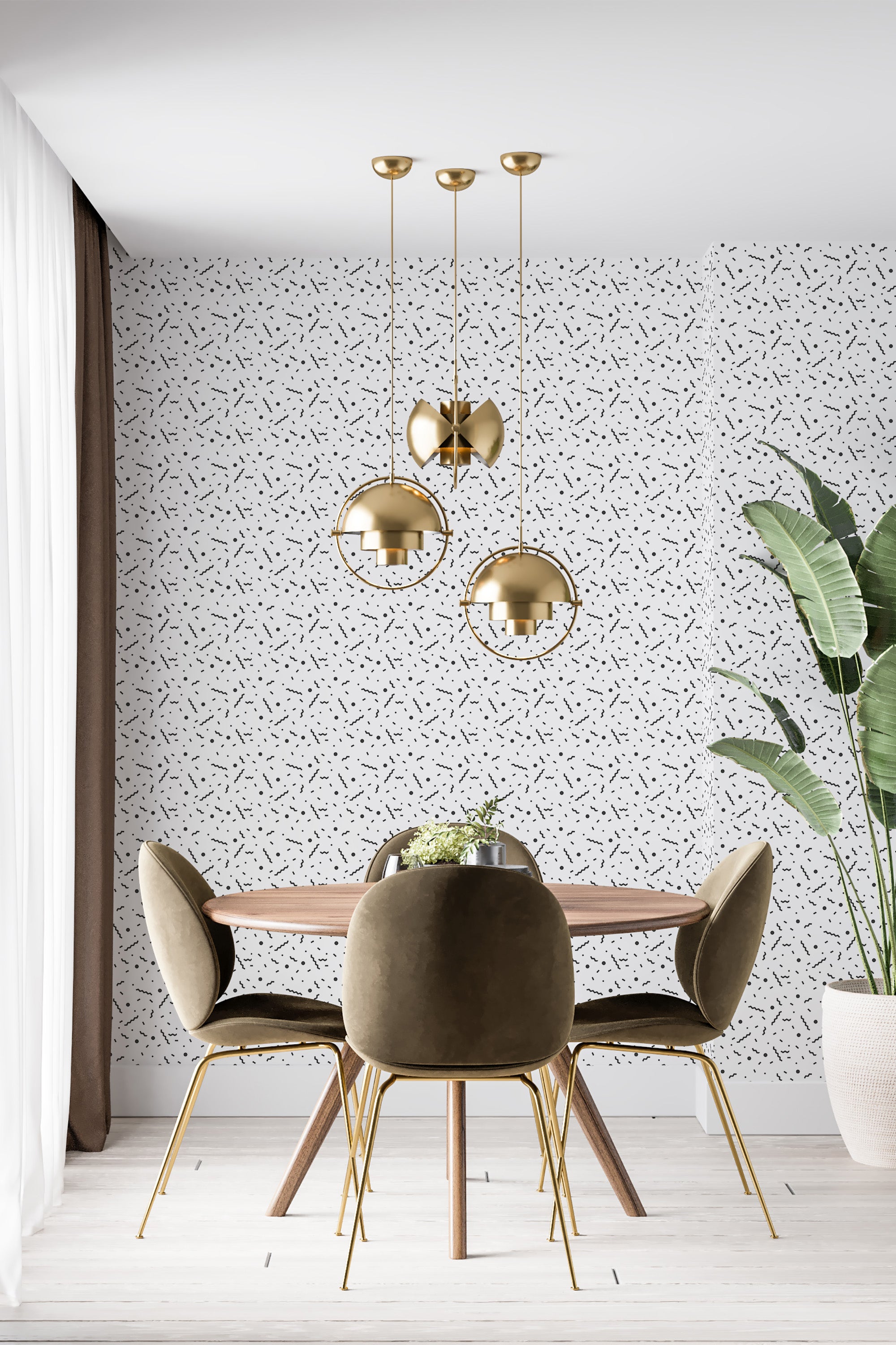 The wallpaper has a Memphis-style design with abstract black squiggles and dots scattered across a white background, adding a playful and modern touch to the traditional wallpaper.