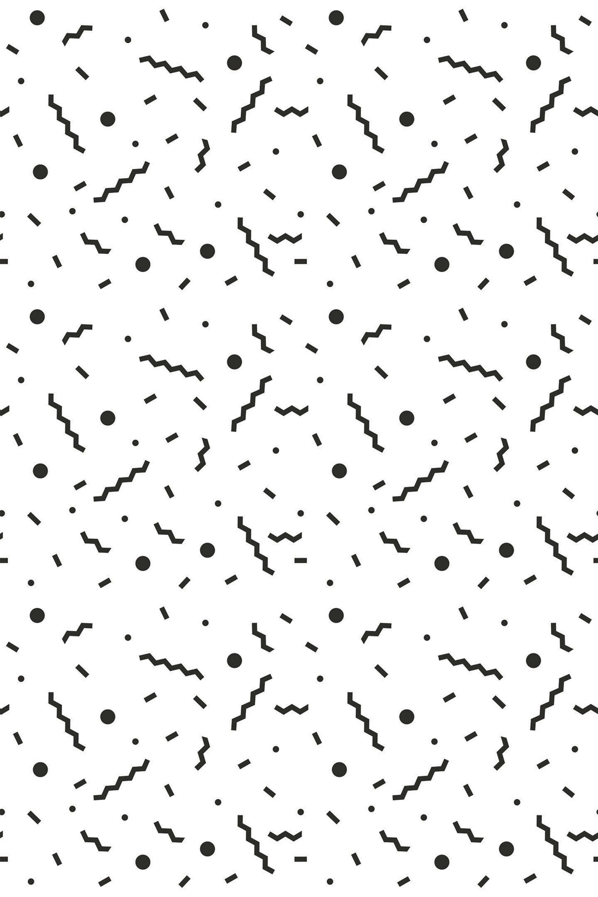 Black and white Memphis style design with squiggly lines, dots, and geometric shapes on a seamless repeating pattern. Peel and stick removable wallpaper.