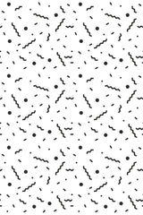 Black and white Memphis style design with squiggly lines, dots, and geometric shapes on a seamless repeating pattern. Peel and stick removable wallpaper.